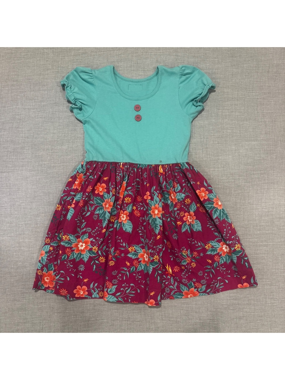 Eleanor Rose Girls Dress Size 7-8 Floral Burgundy Turquoise Short Sleeve